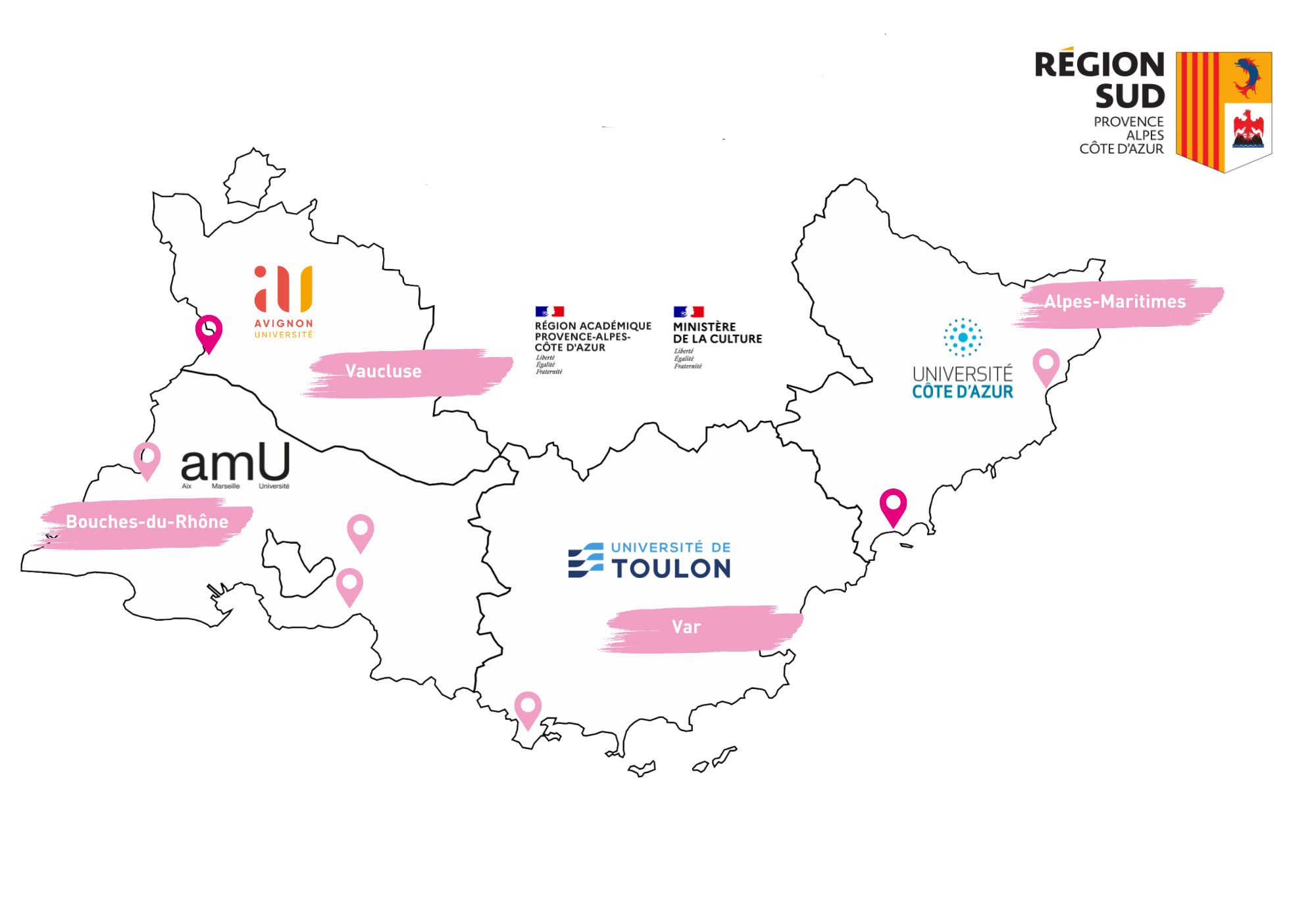 Carte du consortium du CMQe Industries Culturelles et Créatives en Provence-Alpes-Côte d’Azur
